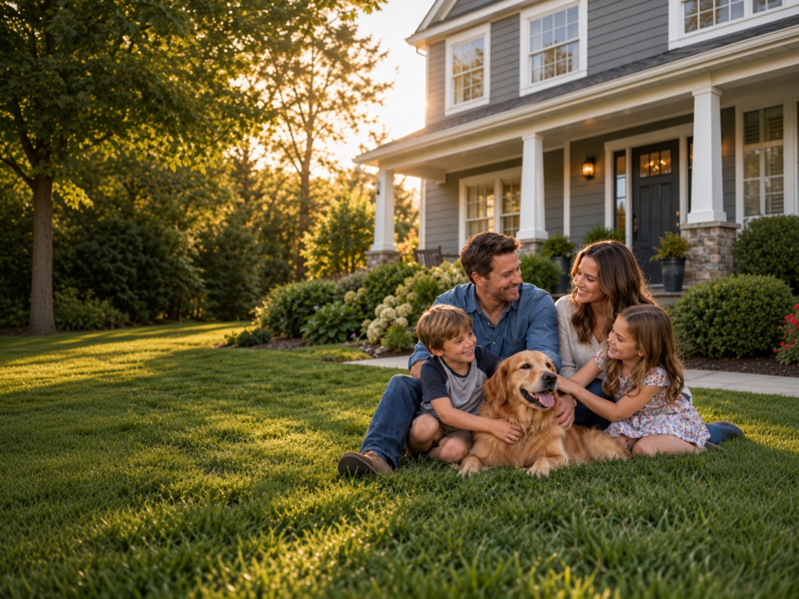 A family with their dog relaxing on the lawn in front of their home
